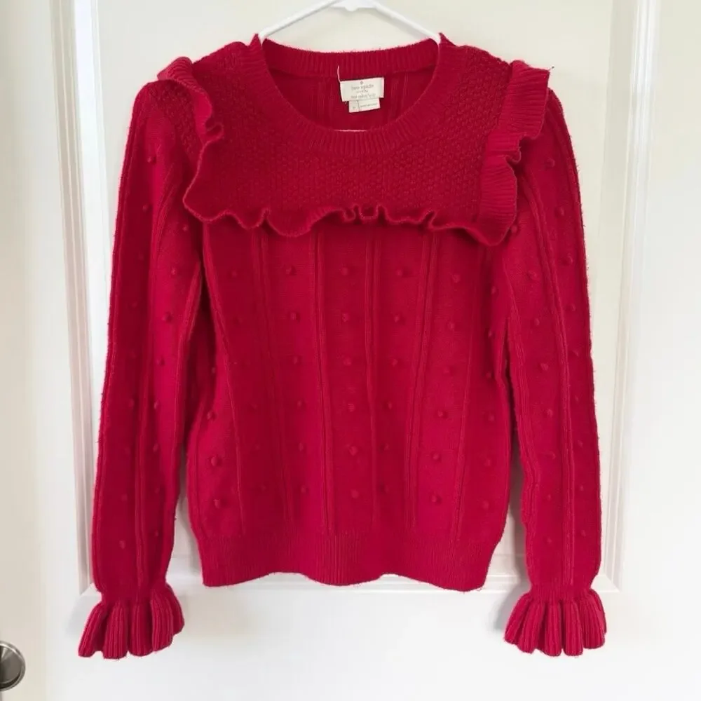 Kate Spade Pom Pom Ruffle Holiday Wool Blend Sweater Red Small